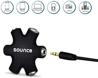 Sounce 5-Way Multi Headphone Audio Splitter Aux Adapter Connector Multi Headphone Splitter, 3.5mm Audio Stereo Splitter Cable, 1 Male to 5 Port Female Earphone Headset Splitter Adapter, Black (5WAYAUX)
