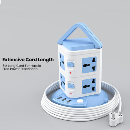 Portronics POR 1600 Power Plate 9 with 3 USB Ports + 8 Power Sockets Power Converter, 2500W Power Output, 2.1A USB Charging Port, 3M Cord Length(Blue)