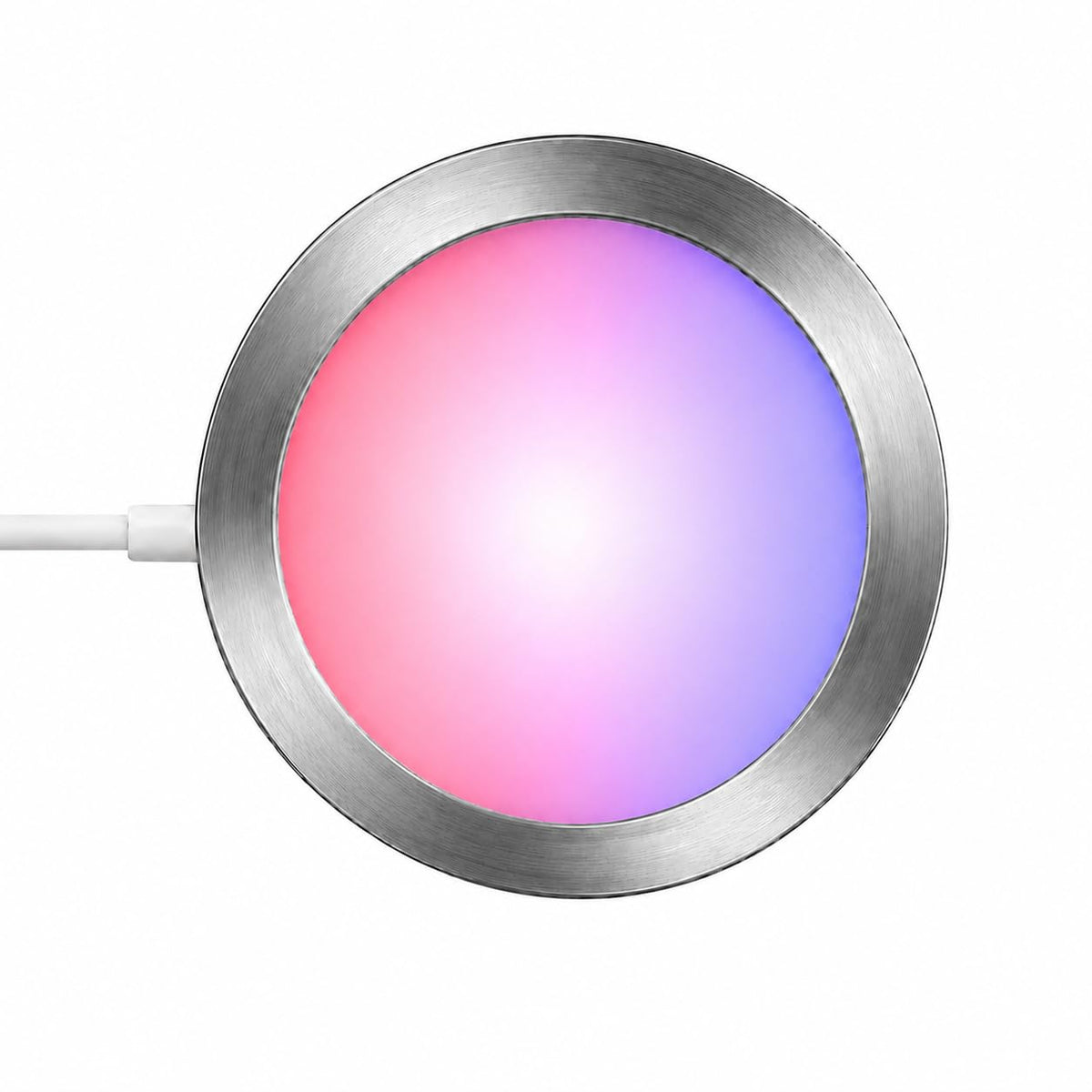 Red and blue USB LED puck light, 60 mm silver shell, with inline switch