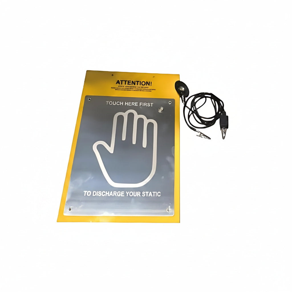 A yellow and gray static discharge warning sign with a large white hand icon and text reading 'TOUCH HERE FIRST' and 'TO DISCHARGE YOUR STATIC,' shown with a black attached cable and switch on a white background.