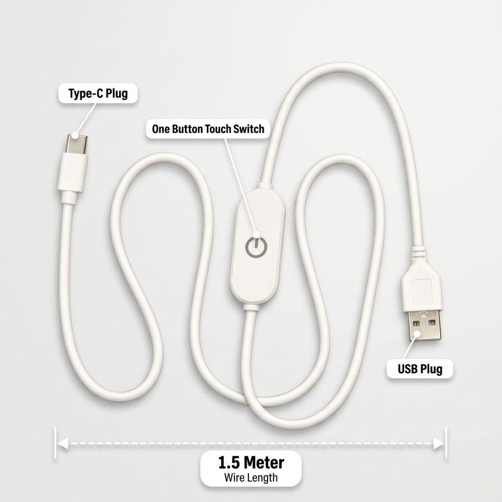 White USB Type-C to USB cable with a built-in one-button touch switch, labeled with parts including Type-C Plug, USB Plug, and One Button Touch Switch, plus a 1.5 meter wire length measurement on a light gray background.