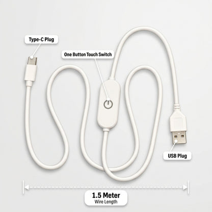 White USB Type-C to USB cable with a built-in one-button touch switch, labeled with parts including Type-C Plug, USB Plug, and One Button Touch Switch, plus a 1.5 meter wire length measurement on a light gray background.