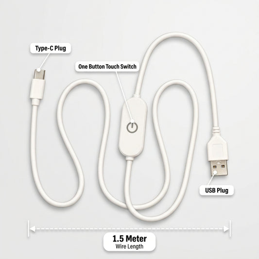 White USB Type-C to USB cable with a built-in one-button touch switch, labeled with parts including Type-C Plug, USB Plug, and One Button Touch Switch, plus a 1.5 meter wire length measurement on a light gray background.