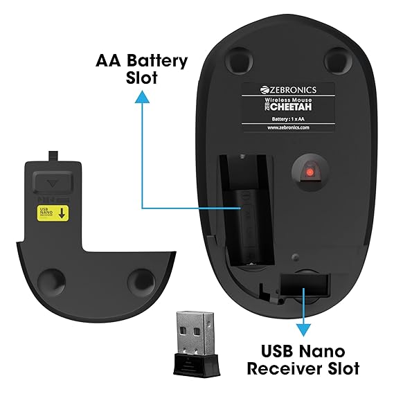 ZEBRONICS Cheetah (Black) Wireless Mouse with 1600 DPI, High Accuracy, Precise Usage, 3 Buttons, Ergonomic and Comfortable Design