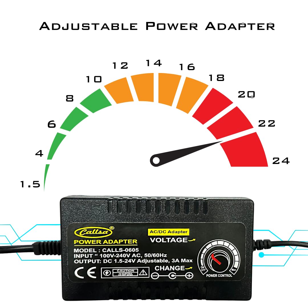 Callsa 72W 1.5V-24V Adjustable Power Adapter, Power Supply with LED Voltage Display and Variable DC 3v 4v 6v 8v 10v 12v 14v 16v 18v 20v 22v 24v, It Suitable for Household Electronics - 3Amp Max