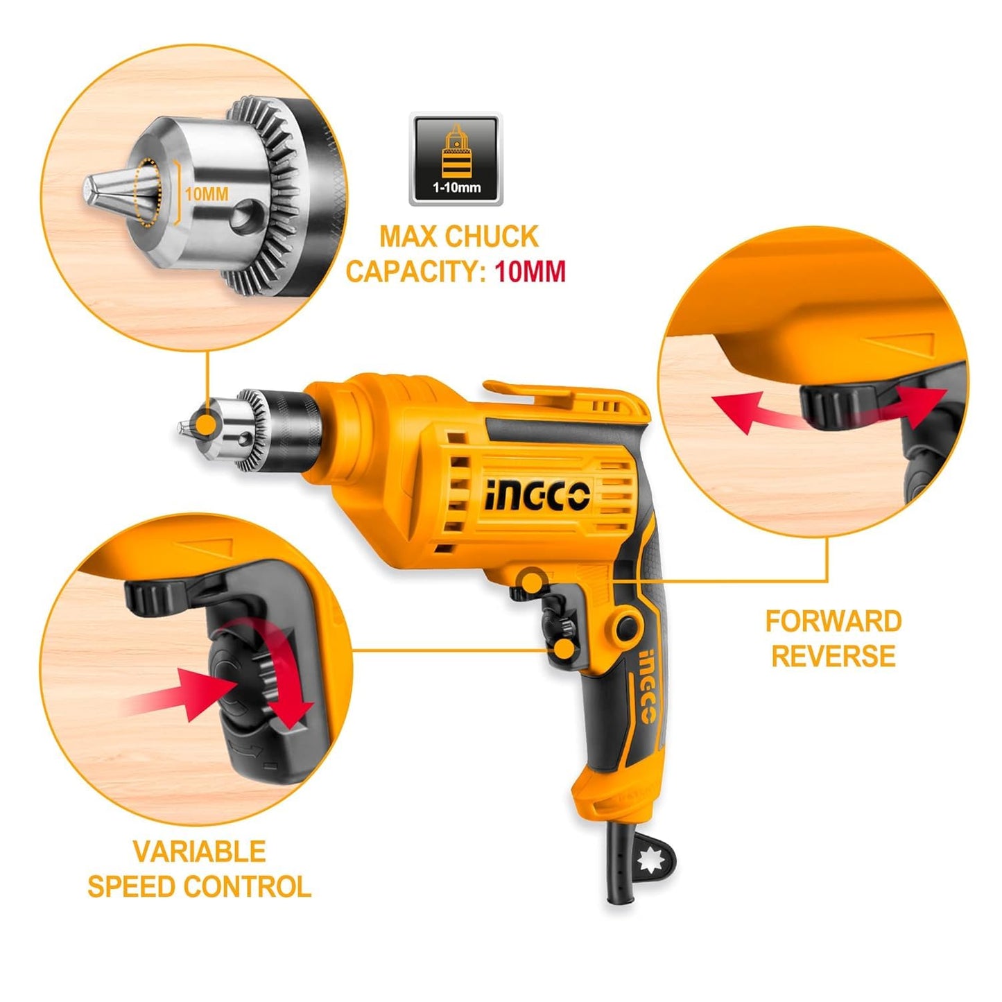 INGCO ED55038 Electric Drill Machine 550W 10 mm Chuck with Forward & Reverse Rotation