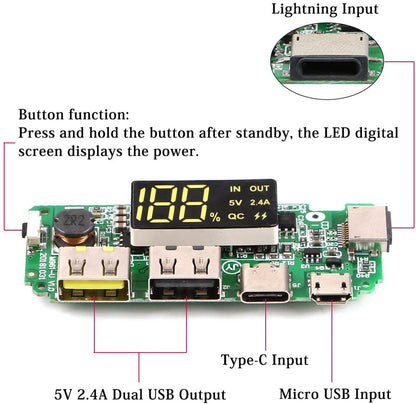 5V 2.4A Dual USB + Type-C + Micro + Lightning USB Power Bank With LED Display 18650 Charger Board