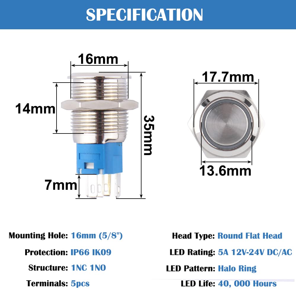 16mm Blue Led Stainless Steel Momentary Type Push Button Switch IP65 (12V-24V) DC