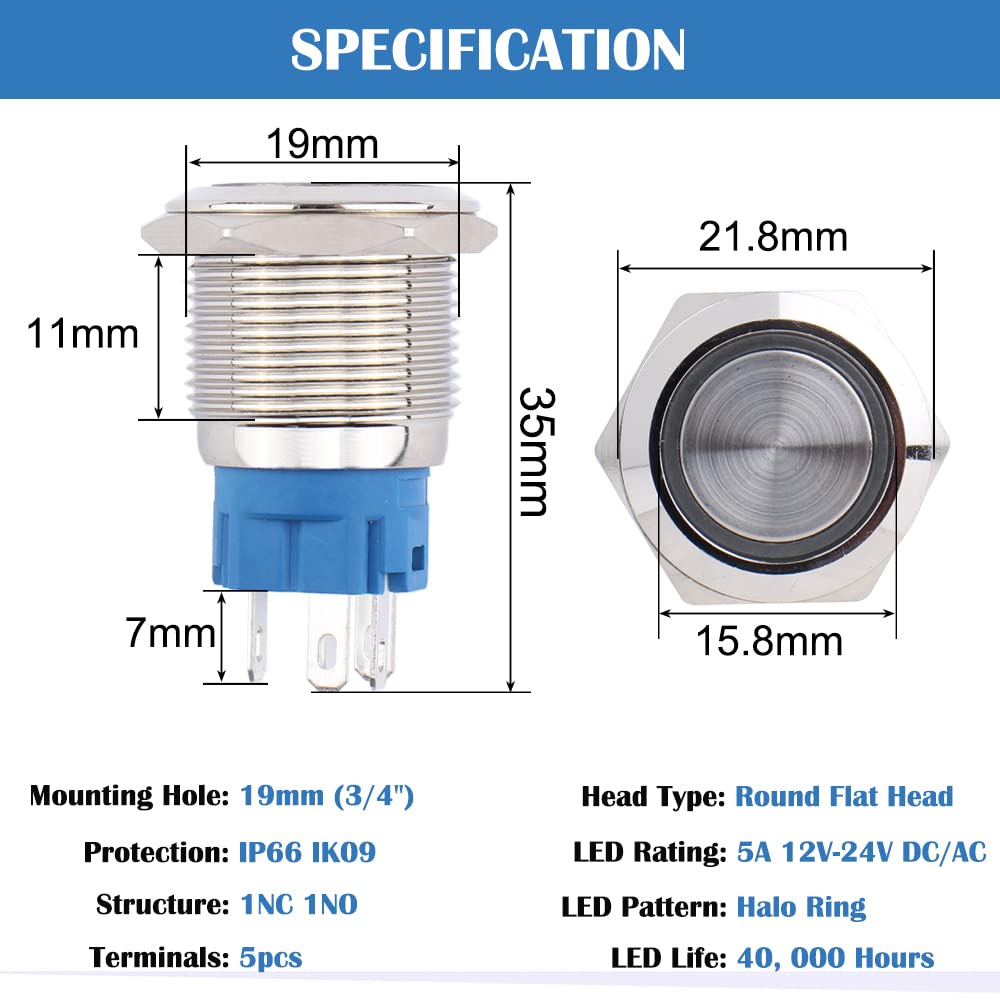 19mm White Led Stainless Steel Momentary Type Push Button Switch IP65 (12V-24V) DC