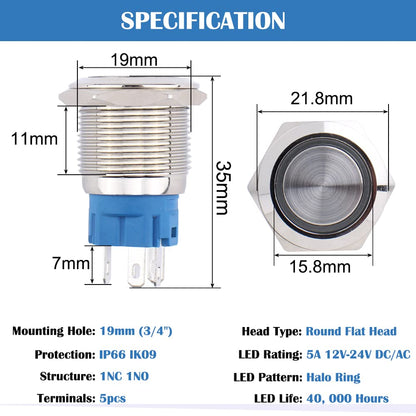 19mm White Led Stainless Steel Momentary Type Push Button Switch IP65 (12V-24V) DC