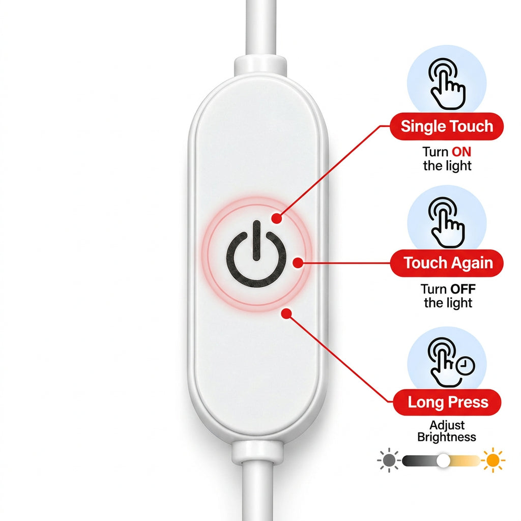 A white oval light switch with a power button symbol in the center, shown on a white background with callout icons and text explaining touch interactions: single touch to turn on, touch again to turn off, and long press to adjust brightness.