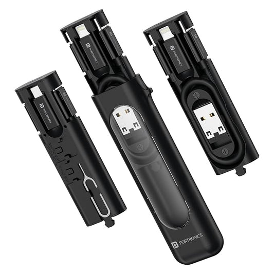 Portronics POR 3092 Snapcase 4 60W Multifunctional Fast Charging Data Cable Transparent Kit, Conversion Set USB A & Type C to Male Micro/Type C/Lightning, Data Transfer, Sim Storage, Sim Eject Pin,Pocket Size