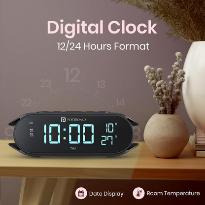 Portronics POR 2129 VoltClock 15W Wireless Charger for All Compatible Wireless Charging Smartphones, Digital Clock, 2 Alarm Setting with Snooze Button, Room Temperature Display,Wireless Fast Charging(Black)