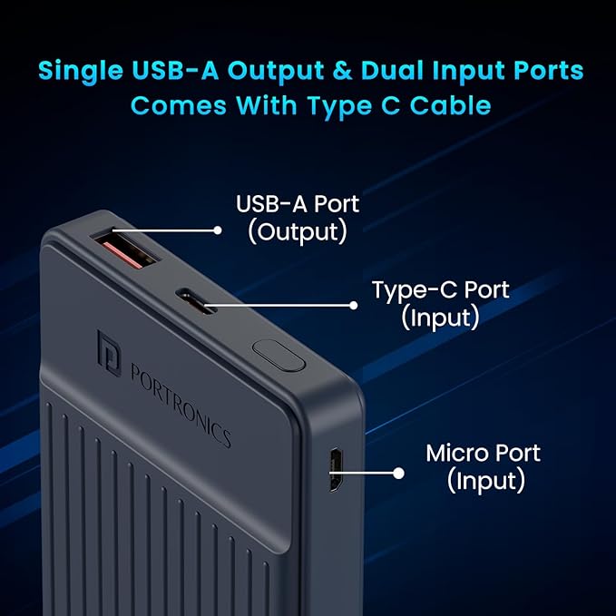 Portronics POR-2252 Luxcell B12 10000mAH Power Bank with Type-C Data Cable (Dark Blue)