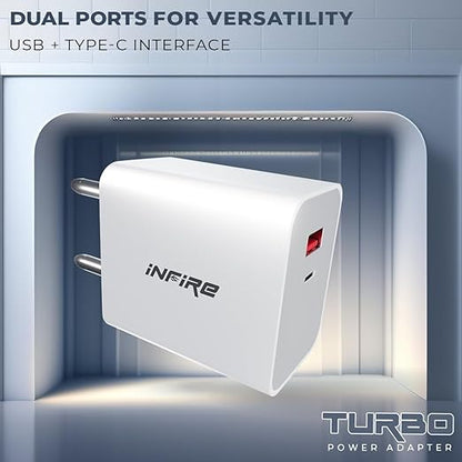 iNFiRe Turbo 2 in 1 Charger 20W Dual Port USB & Type - C Charger Without Cable Compatible with All Android, iPhone & Airpods (White)