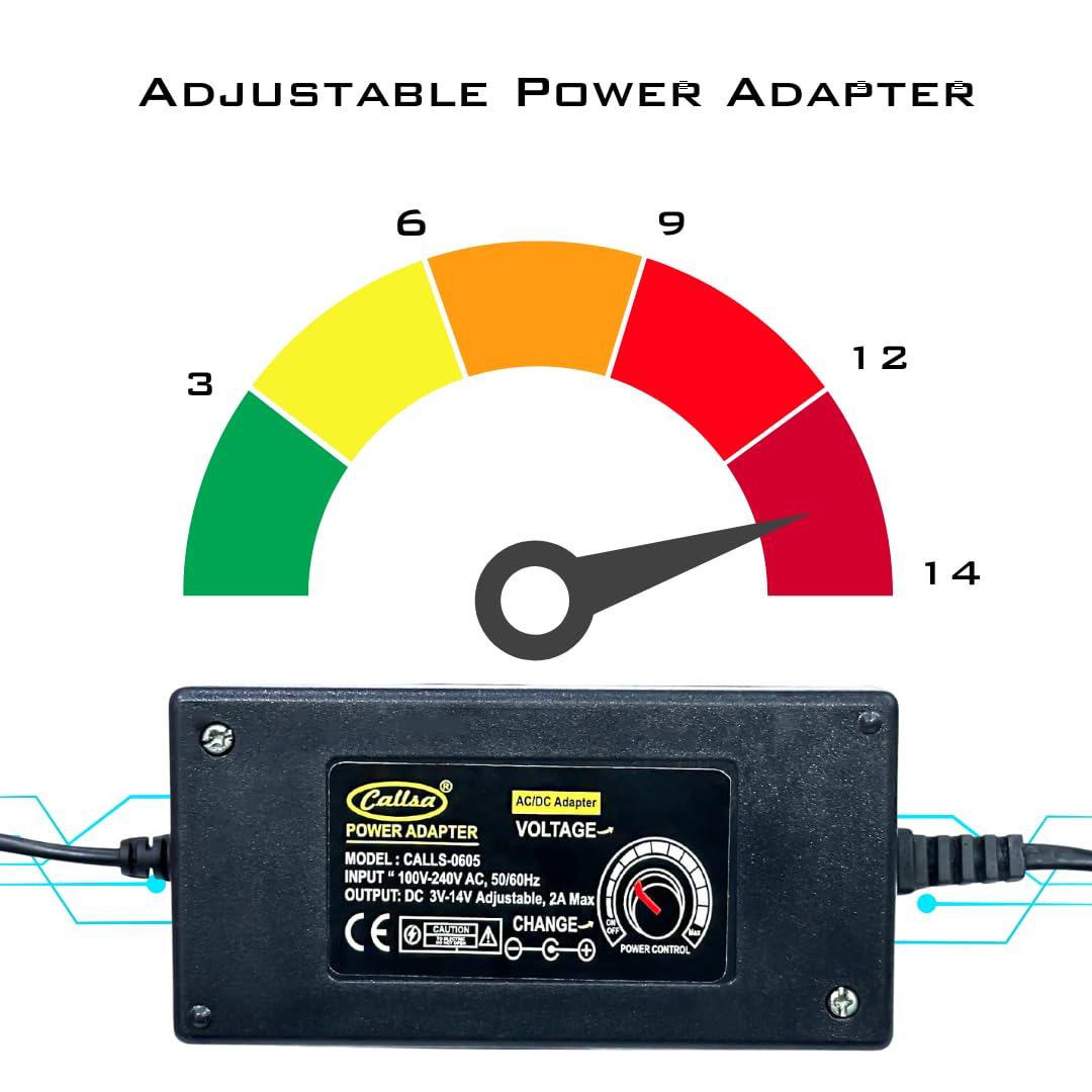 Callsa 28W 3V-14V Adjustable Power Adapter, Power Supply with LED Voltage Display and Variable DC 3V 6V 9V 12V 14V, It Suitable for Household Electronics - 2Amp Max