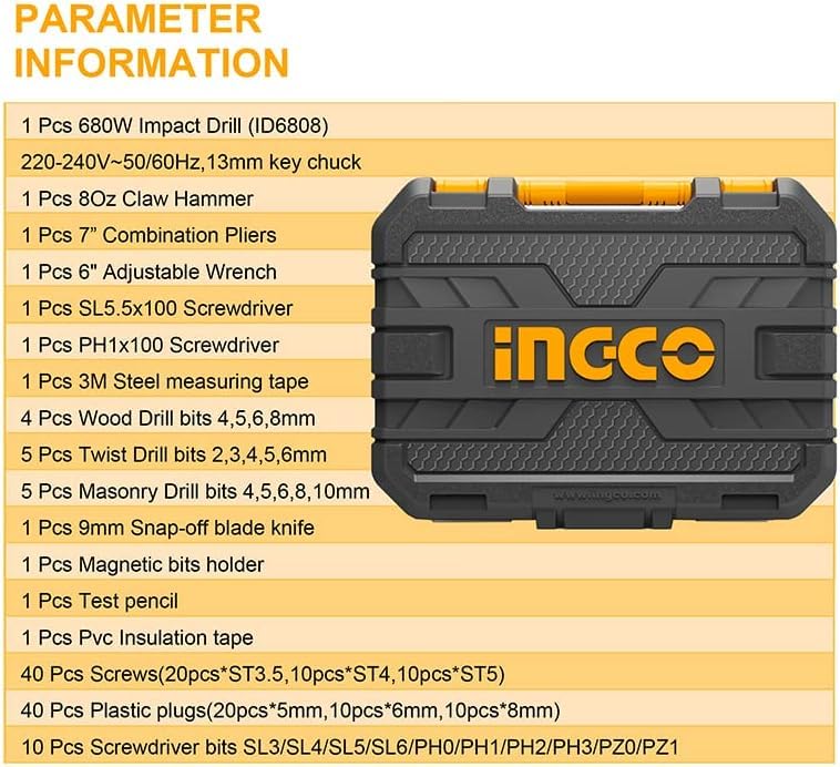 INGCO HKTHP11151 Impact Drill 680w with 115 Pcs Tools Set