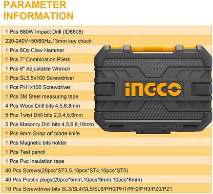 INGCO HKTHP11151 Impact Drill 680w with 115 Pcs Tools Set