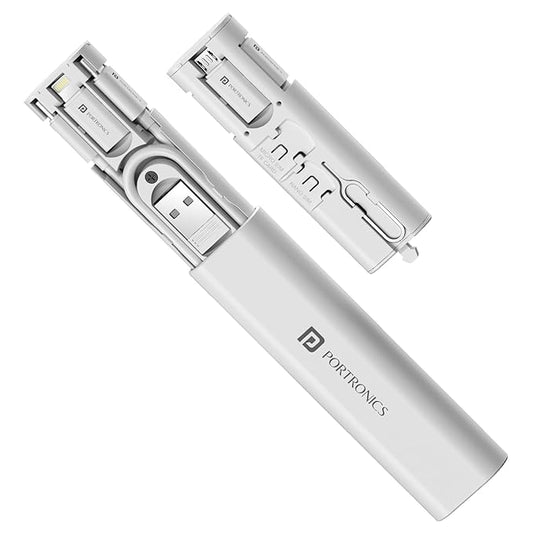 Portronics POR 2978 Snapcase 3 60W Multifunctional Fast Charging Data Cable Kit, Conversion Set USB A & Type C to Male Micro/Type C/Lightning, Data Transfer, Sim Storage, Sim Eject Pin, Pocket Size(White)