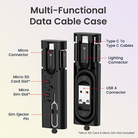 Portronics POR 3092 Snapcase 4 60W Multifunctional Fast Charging Data Cable Transparent Kit, Conversion Set USB A & Type C to Male Micro/Type C/Lightning, Data Transfer, Sim Storage, Sim Eject Pin,Pocket Size