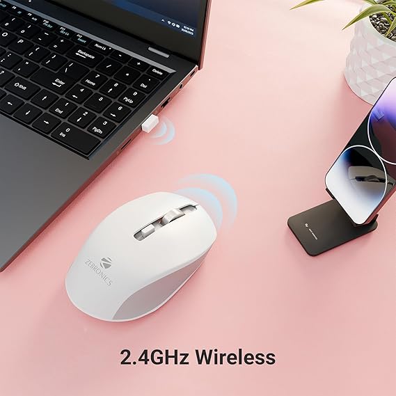 ZEBRONICS JAGUAR (White+Grey) Wireless Mouse, 2.4GHz with USB Nano Receiver, High Precision Optical Tracking, 4 Buttons, Plug & Play, Ambidextrous, for PC/Mac/Laptop