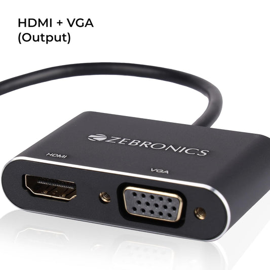 ZEBRONICS TA150HV Type C to HDMI & VGA Converter with 24K Gold-Plated Connector, Supports - FHD 1080p@60Hz (VGA), 4K@30Hz (HDMI), Audio Out Through HDMI,