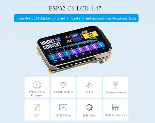 ESP32-C6 1.47inch Display Development Board, 172×320, 262K Color, Single-Core Processor 160MHz Running Frequency, Colorful RGB LED, ESP32 with Display Supports WiFi 6 & BLE