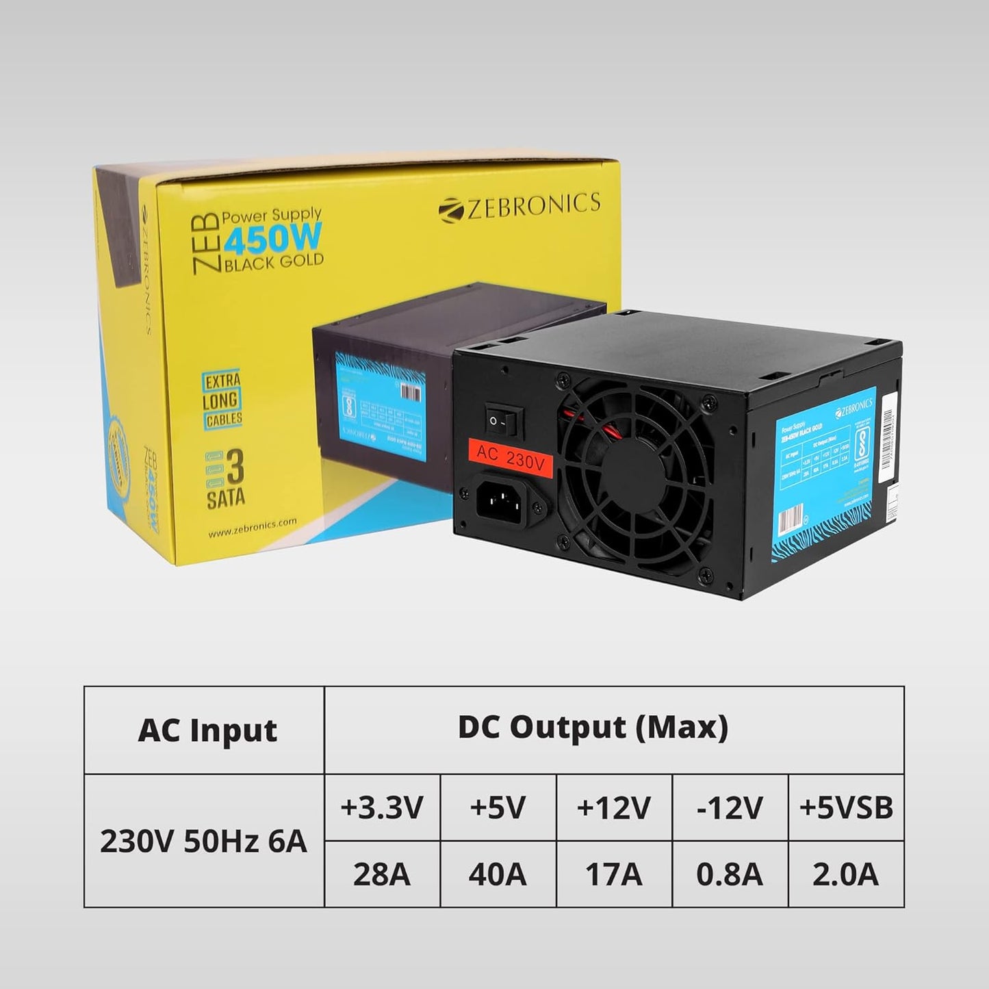 ZEBRONICS Zeb-450W Black Gold 450 Watts Computer Power Supply with 3 SATA Cables and Power Cord