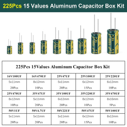 225Pcs 15 Type Green High Frequency Inline Aluminum Electrolytic Capacitor Kit