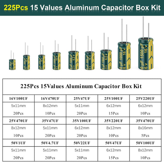 225Pcs 15 Type Green High Frequency Inline Aluminum Electrolytic Capacitor Kit