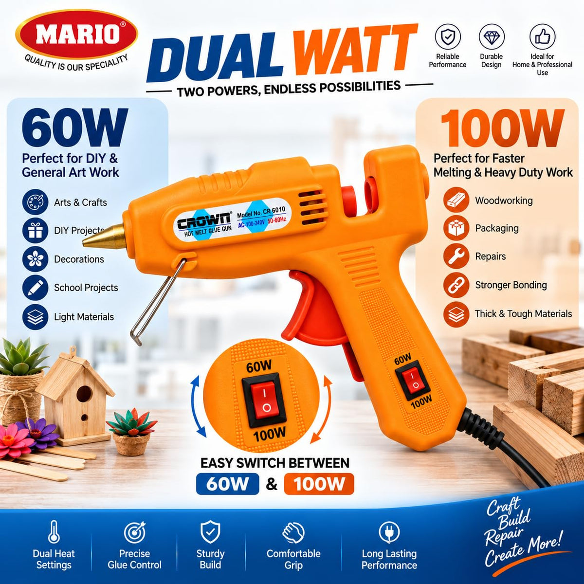 Crown CR-6010 Hot Melt Glue Gun with Dual Watt 60W/100W