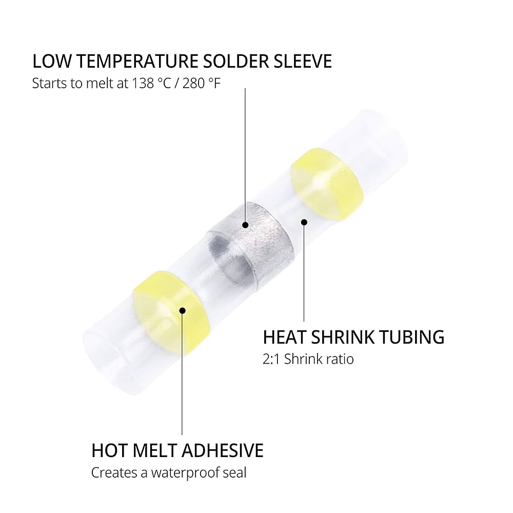 Yellow Heat Shrink Solder Sleeve Crimpless Butt Connectors