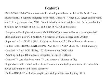 ESP32-C6 1.47inch Display Development Board, 172×320, 262K Color, Single-Core Processor 160MHz Running Frequency, Colorful RGB LED, ESP32 with Display Supports WiFi 6 & BLE