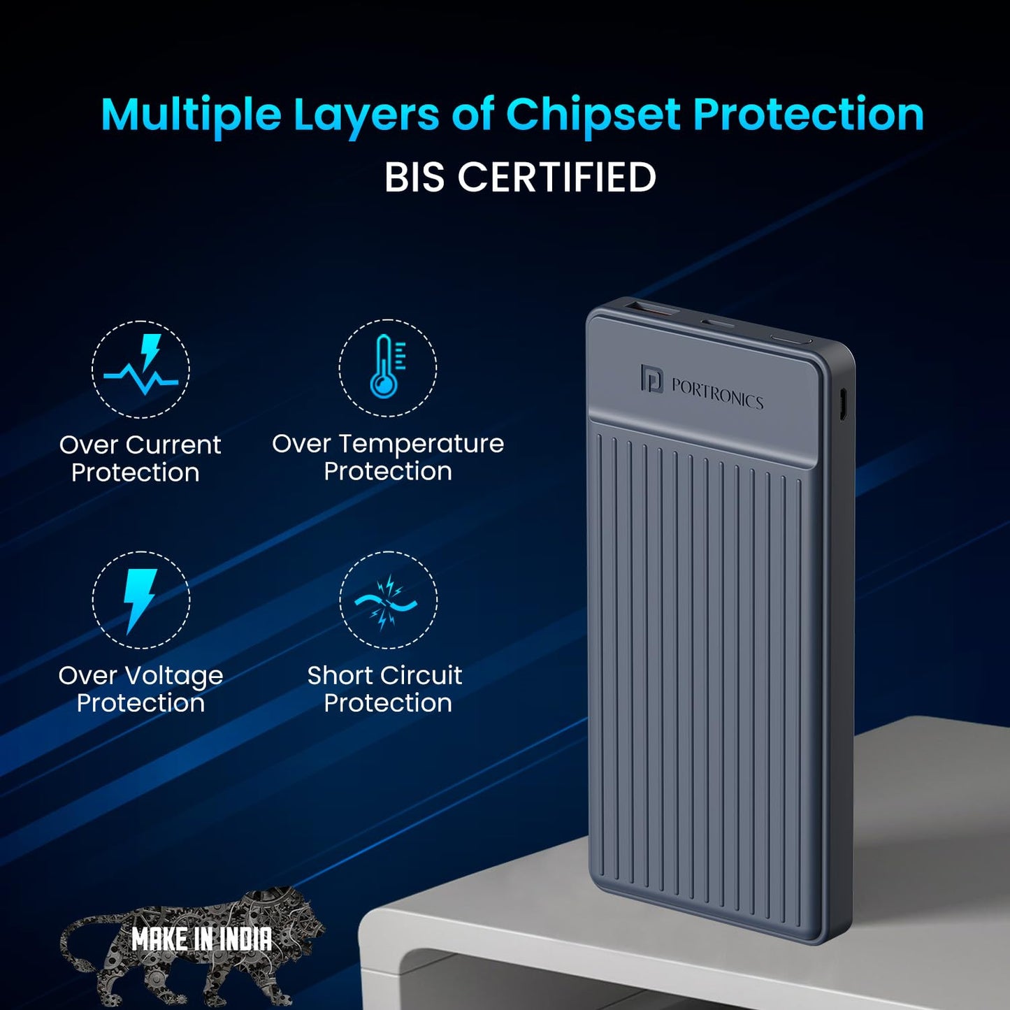 Portronics POR-2252 Luxcell B12 10000mAH Power Bank with Type-C Data Cable (Dark Blue)