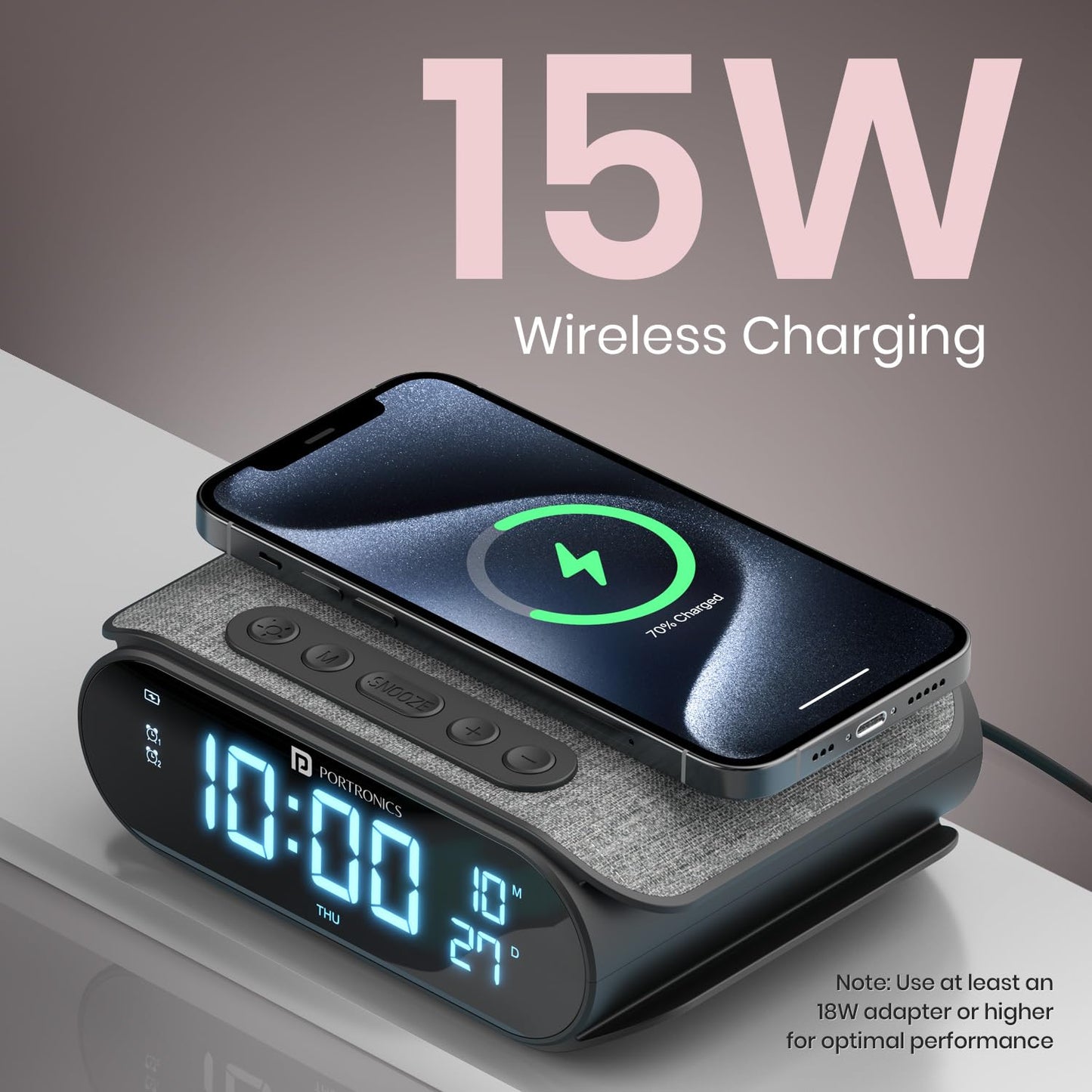 Portronics POR 2129 VoltClock 15W Wireless Charger for All Compatible Wireless Charging Smartphones, Digital Clock, 2 Alarm Setting with Snooze Button, Room Temperature Display,Wireless Fast Charging(Black)
