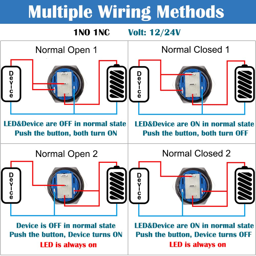 16mm Blue Led Stainless Steel Momentary Type Push Button Switch IP65 (12V-24V) DC