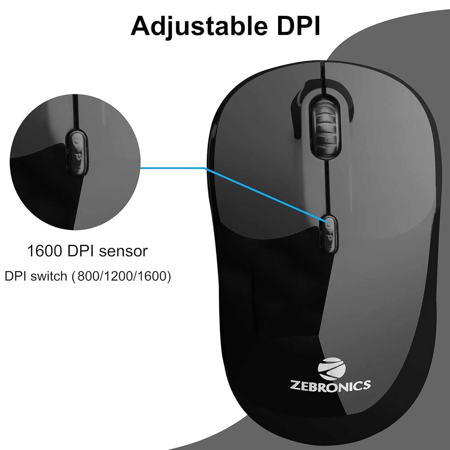 ZEBRONICS Shine Wireless Optical Mouse - 2.4GHz with USB Nano Receiver, 1600 DPI, 4 Buttons, Clutter Free Plug & Play, for PC/Mac/Laptop (Black)