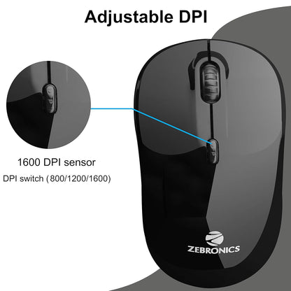 ZEBRONICS Shine Wireless Optical Mouse - 2.4GHz with USB Nano Receiver, 1600 DPI, 4 Buttons, Clutter Free Plug & Play, for PC/Mac/Laptop (Black)