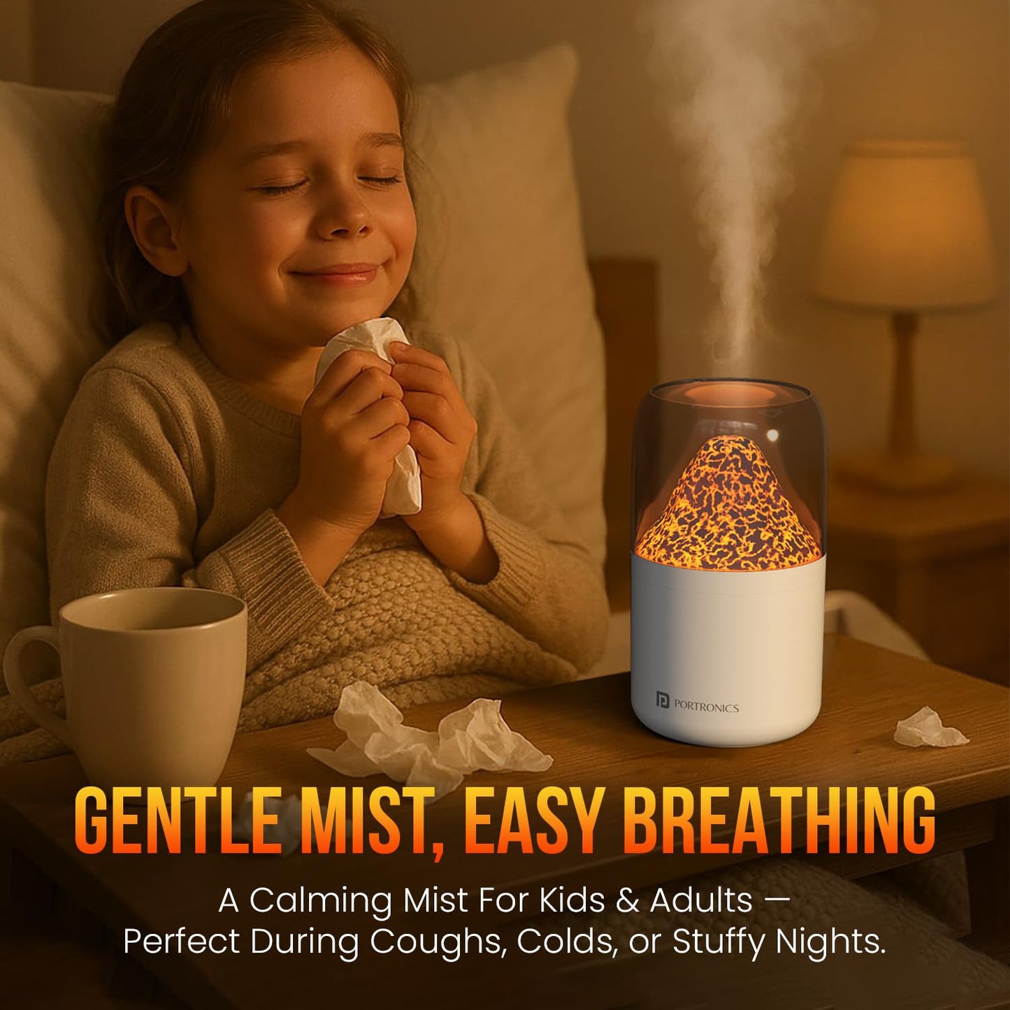 Portronics POR-3104 Magma 2-in-1 Volcano Water Mist Humidifier and Night Lamp (White)