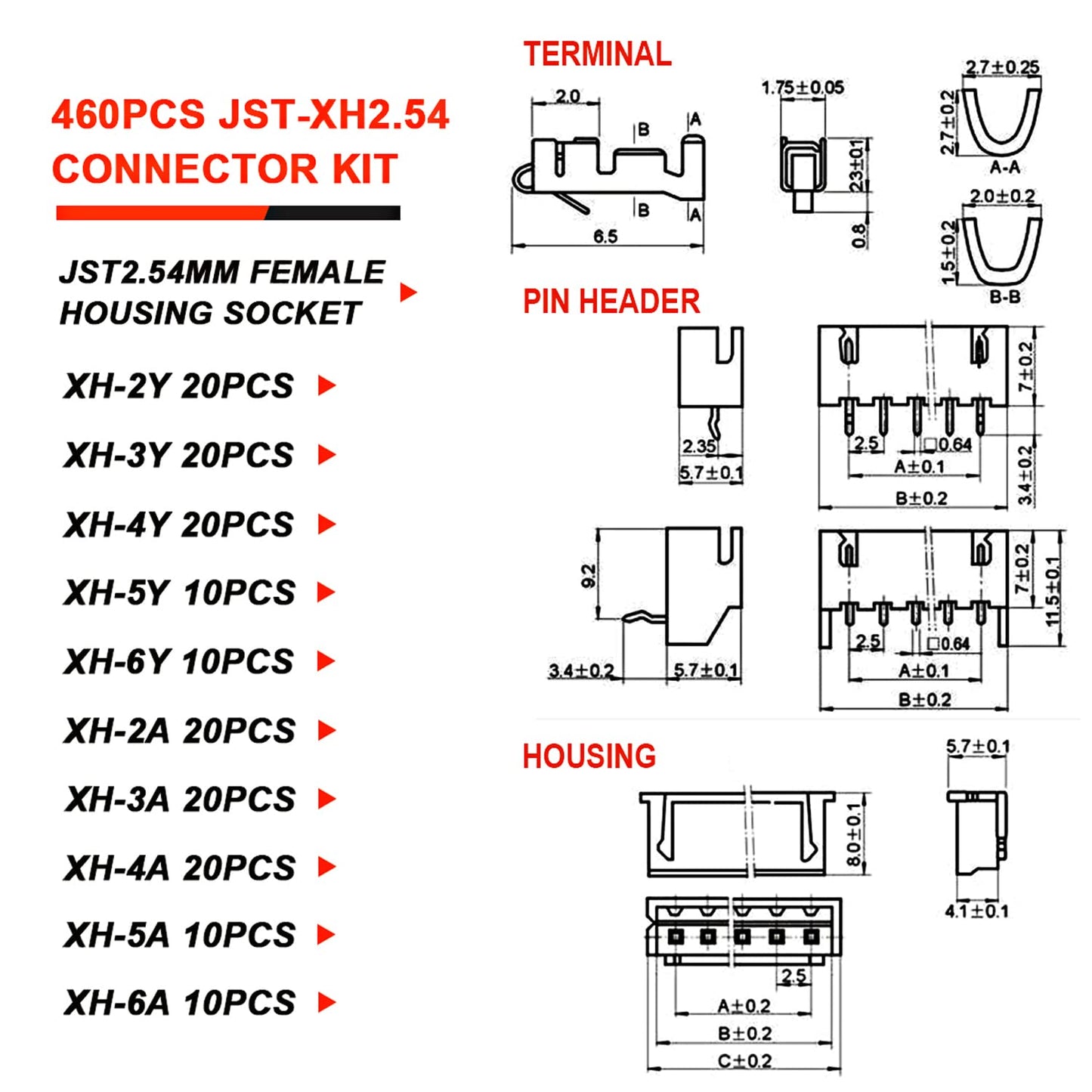 460pcs JST-XH 2.54 2,3,4,5,6 Pin 2.54mm Pitch Housing Connector Terminal Kit