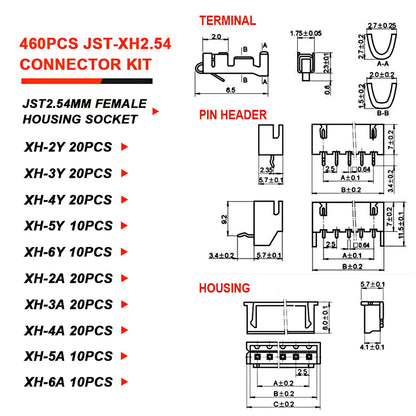 460pcs JST-XH 2.54 2,3,4,5,6 Pin 2.54mm Pitch Housing Connector Terminal Kit