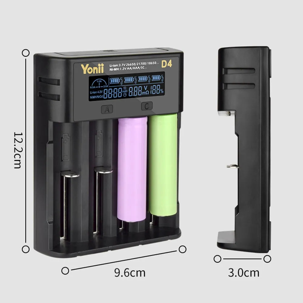 YONII D4 LCD 18650 Battery Charger 4 Slot for 18650 21700 26650 Lithium AA AAA Nimh Battery - black