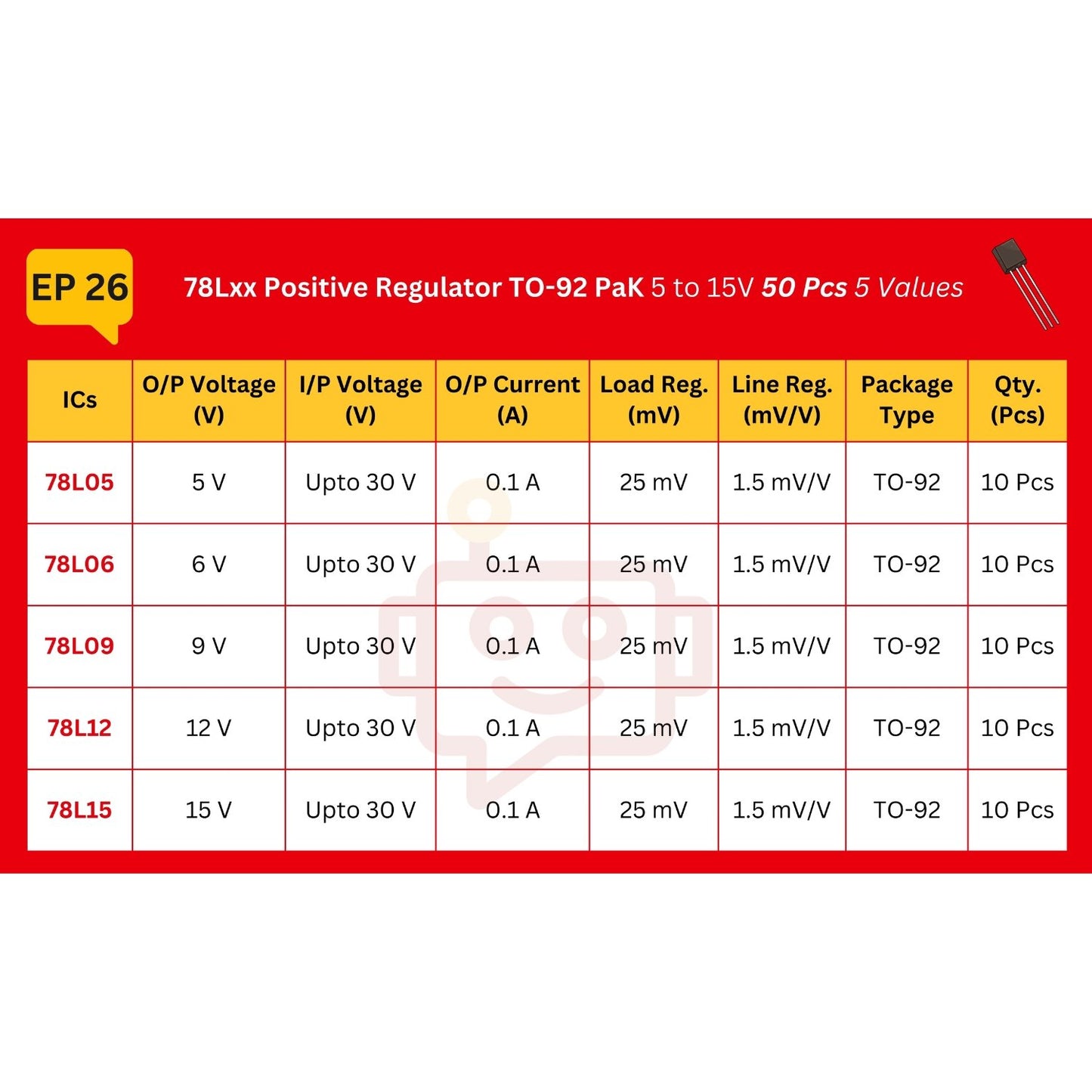 Elepak 78Lxx Positive Regulator TO-92 Pak 5 to 15V 50 Pcs 5 Values
