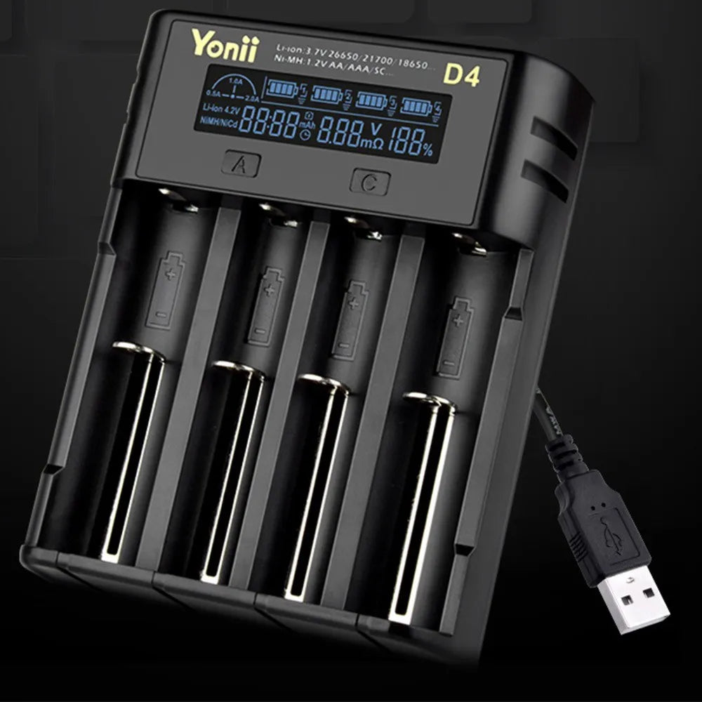 YONII D4 LCD 18650 Battery Charger 4 Slot for 18650 21700 26650 Lithium AA AAA Nimh Battery - black