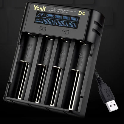 YONII D4 LCD 18650 Battery Charger 4 Slot for 18650 21700 26650 Lithium AA AAA Nimh Battery - black