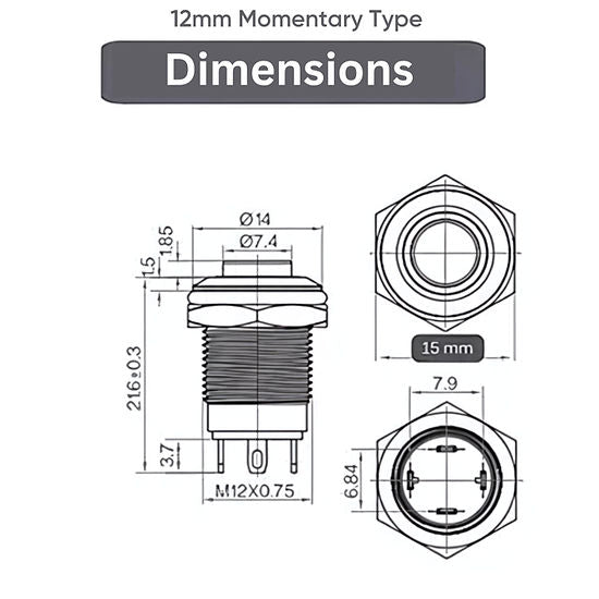 12mm Size Blue Led Stainless Steel Momentary Type Push Button Switch 5v-24v DC