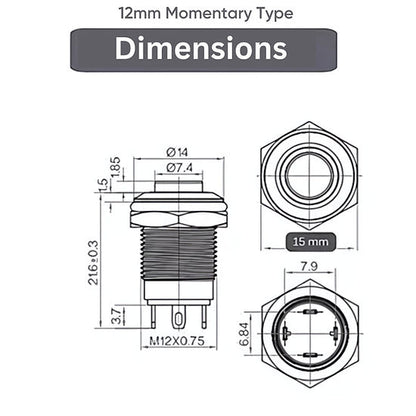12mm Size Blue Led Stainless Steel Momentary Type Push Button Switch 5v-24v DC