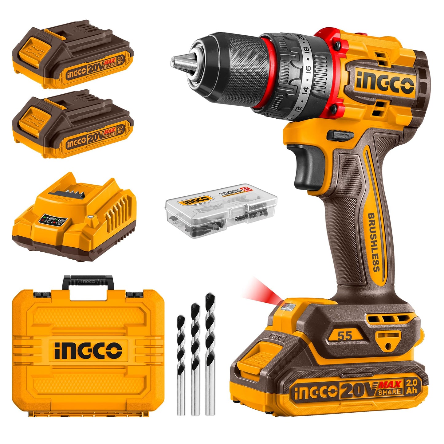 INGCO CIDLI20558 Cordless Impact Drill 13 mm Chuck Size 20 V and 2000 RPM With Battrey & Charger