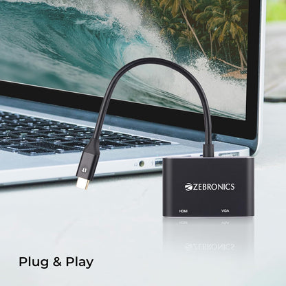 ZEBRONICS TA150HV Type C to HDMI & VGA Converter with 24K Gold-Plated Connector, Supports - FHD 1080p@60Hz (VGA), 4K@30Hz (HDMI), Audio Out Through HDMI,