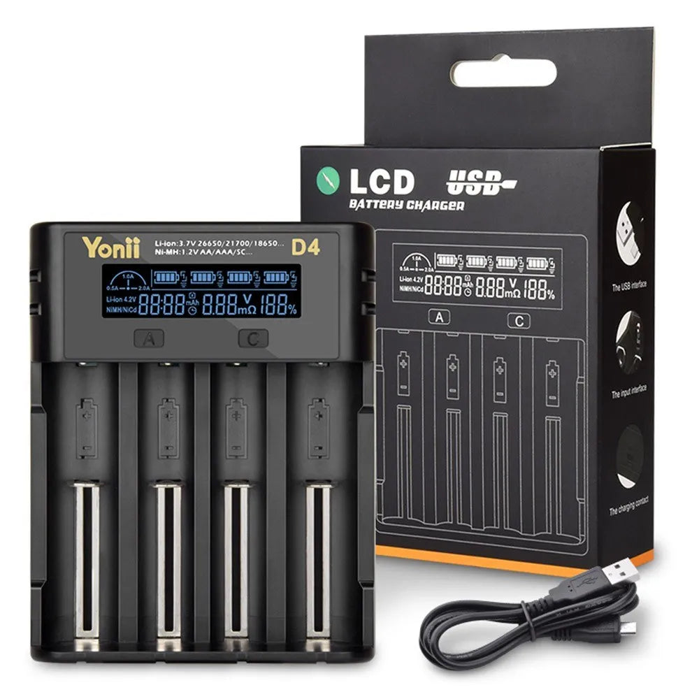 YONII D4 LCD 18650 Battery Charger 4 Slot for 18650 21700 26650 Lithium AA AAA Nimh Battery - black